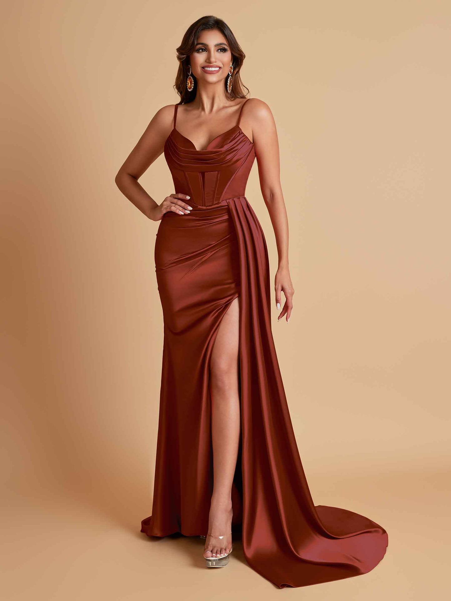 Sexy Soft Satin V-neck Spaghetti Strap Side-Slit Mermaid Bridesmaid Dresses