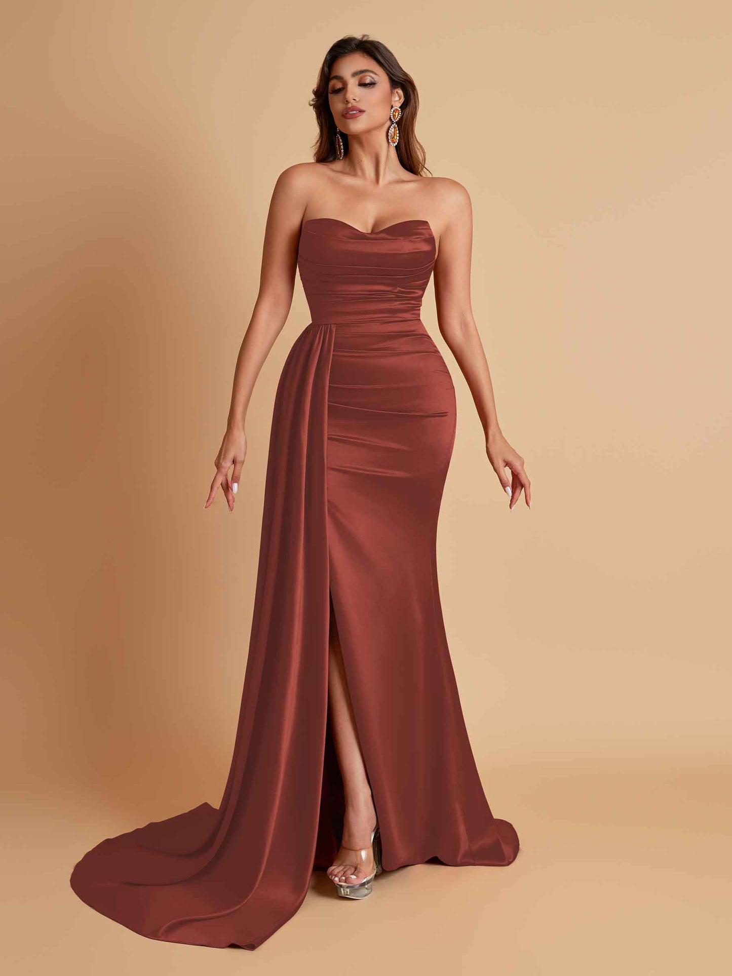 Elegant Soft Satin Sweetheart Strapless Side-Slit Mermaid Bridesmaid Dresses