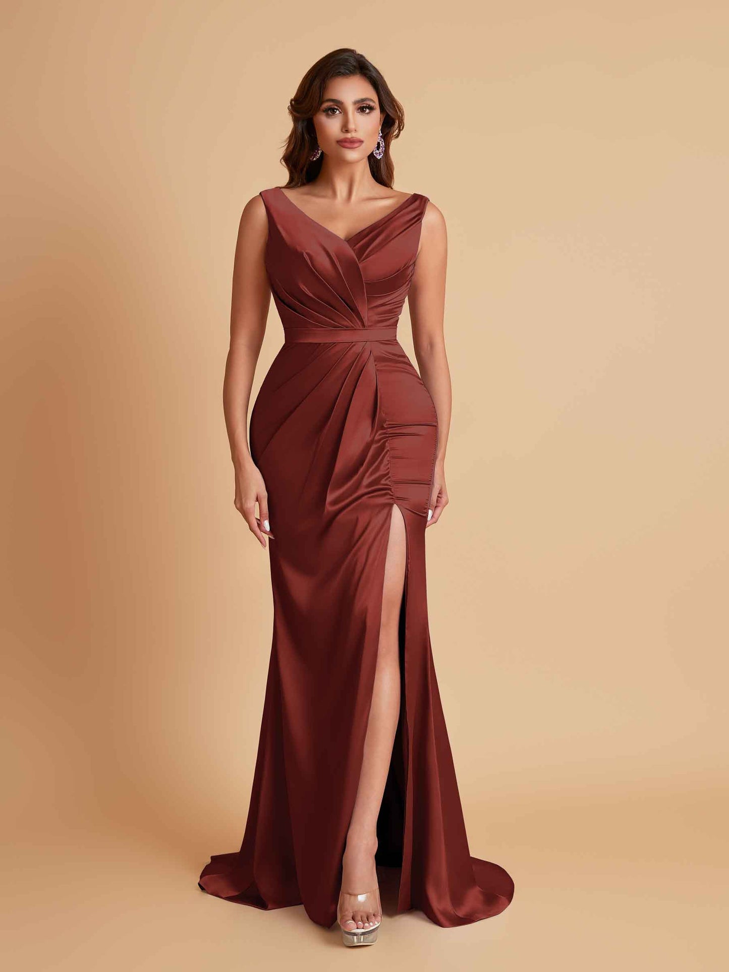 Elegant V Neck Soft Satin Side Slit Floor-Length Mermaid Bridesmaid Dresses
