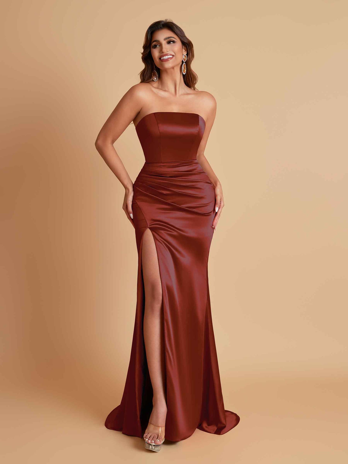 Elegant Soft Satin Strapless Split Side Mermaid Bridesmaid Dresses