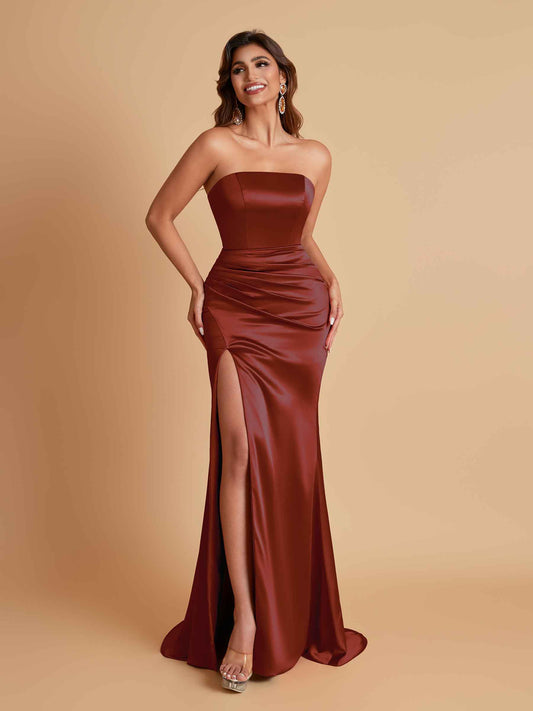 Elegant Soft Satin Strapless Split Side Mermaid Bridesmaid Dresses