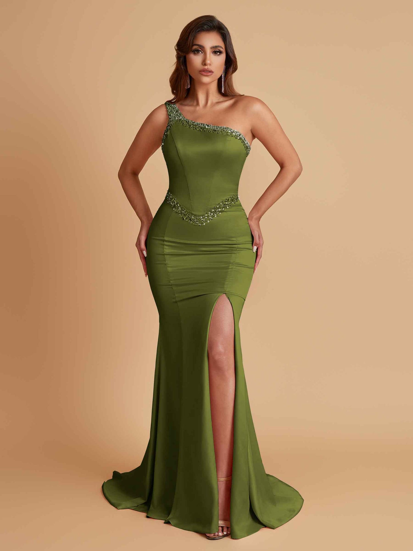 Sexy Soft Satin Mermaid One Shoulder Side Slit Beading Floor-Length Bridesmaid Dresses Online