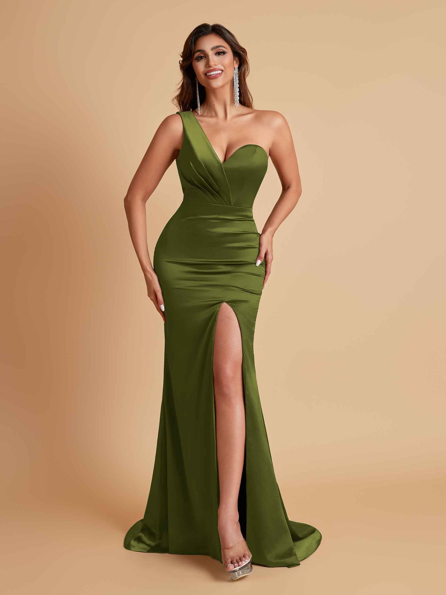 Gorgeous One Shoulder Soft Satin Side Slit Floor-Length Mermaid Bridesmaid Dresses