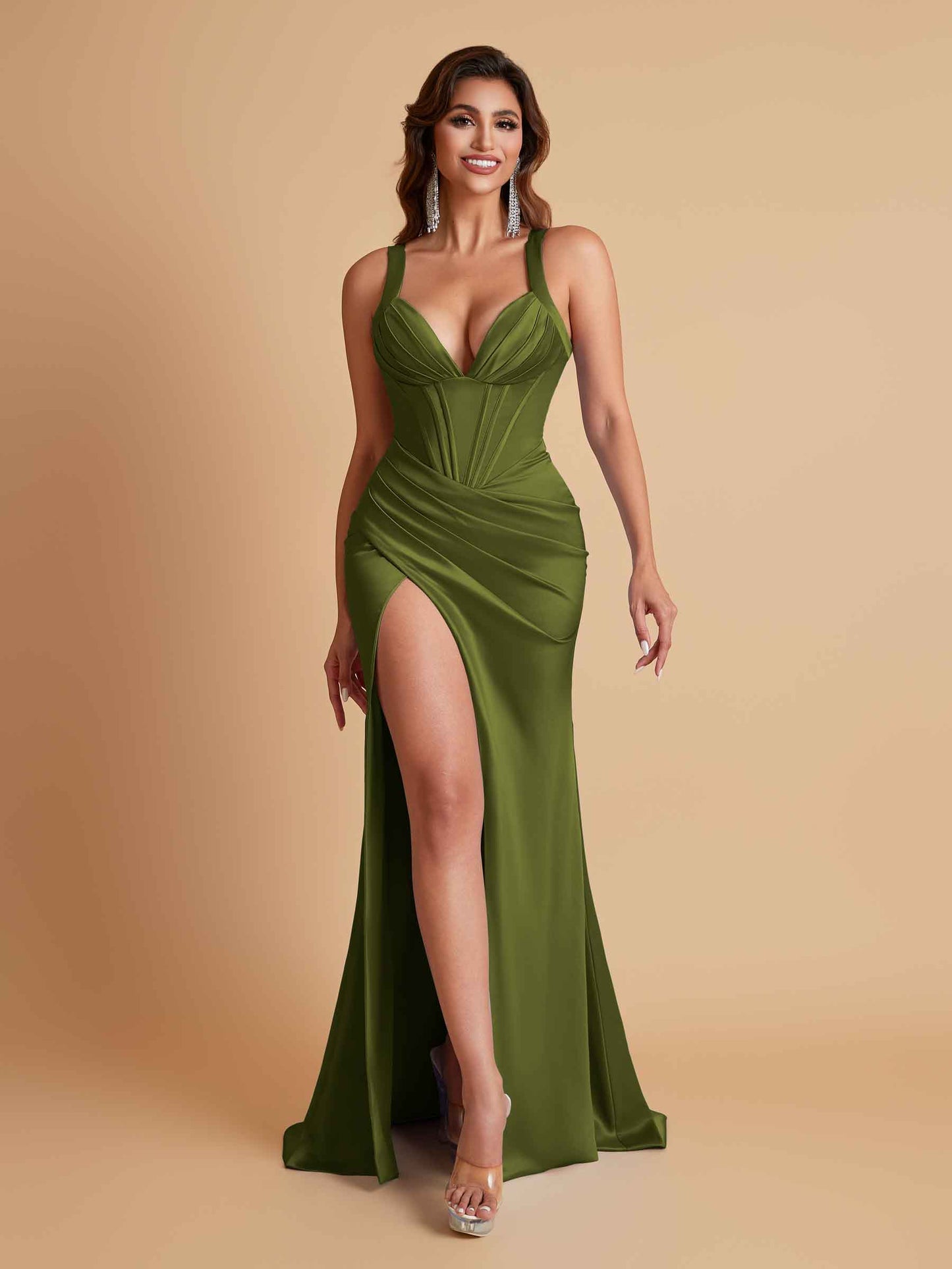 Stunning V Neck Soft Satin Side Slit Floor-Length Mermaid Bridesmaid Dresses