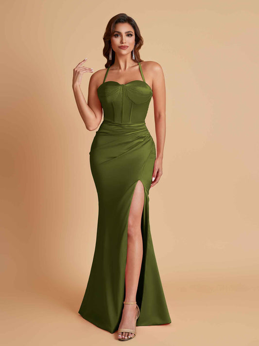Sexy Soft Satin Mermaid Spaghetti Straps Side Slit Floor-Length Bridesmaid Dresses