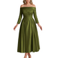 Off Shoulder Mother of the Bride Dress Tea-Length Satin Gown with Lace Applique