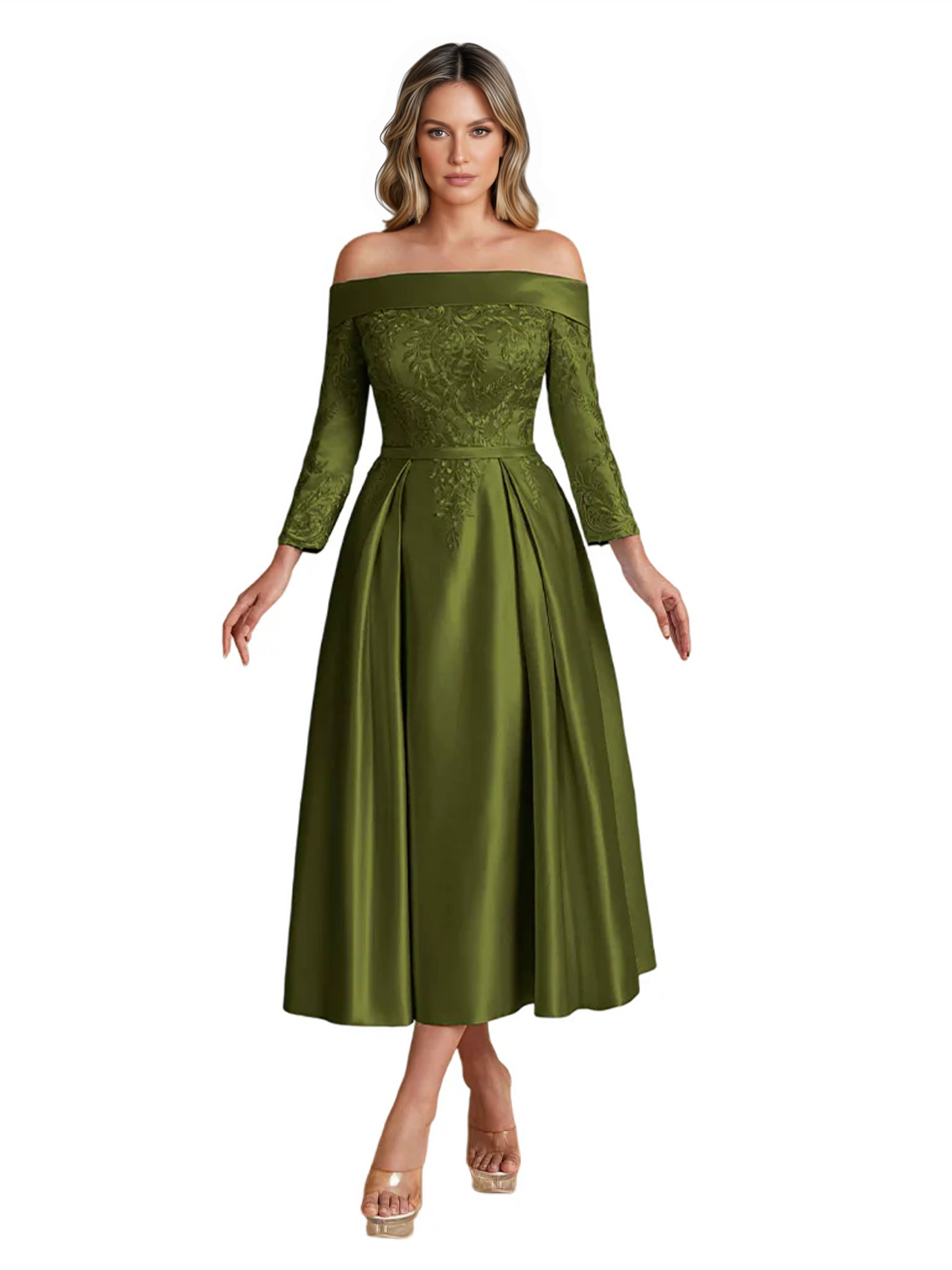 Off Shoulder Mother of the Bride Dress Tea-Length Satin Gown with Lace Applique