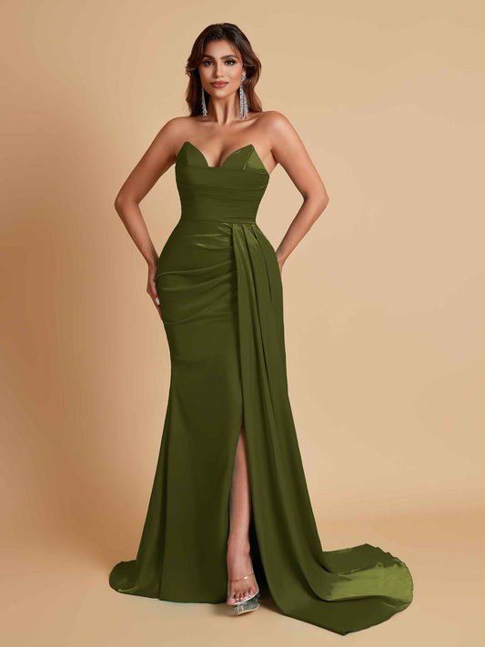 Gorgeous Strapless Soft Satin Side Slit Floor-Length Mermaid Bridesmaid Dresses