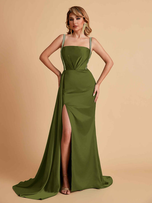 Sexy Satin Mermaid With Train Bridesmaid Dresses Pleats Side-Slit Floor-Length Wedding Guest Dresses