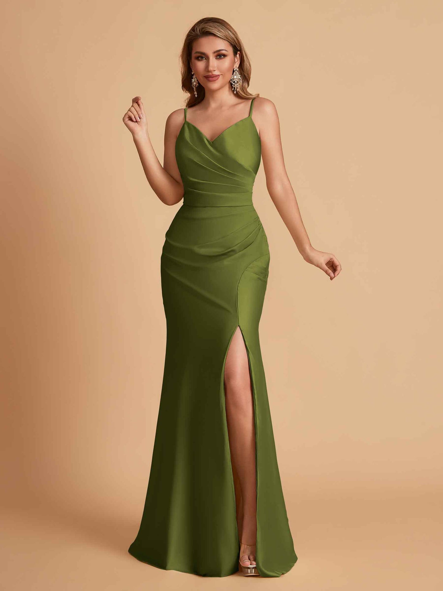 Elegant Satin Spaghetti Straps Mermaid Side Slit Floor Length Bridesmaid Dresses