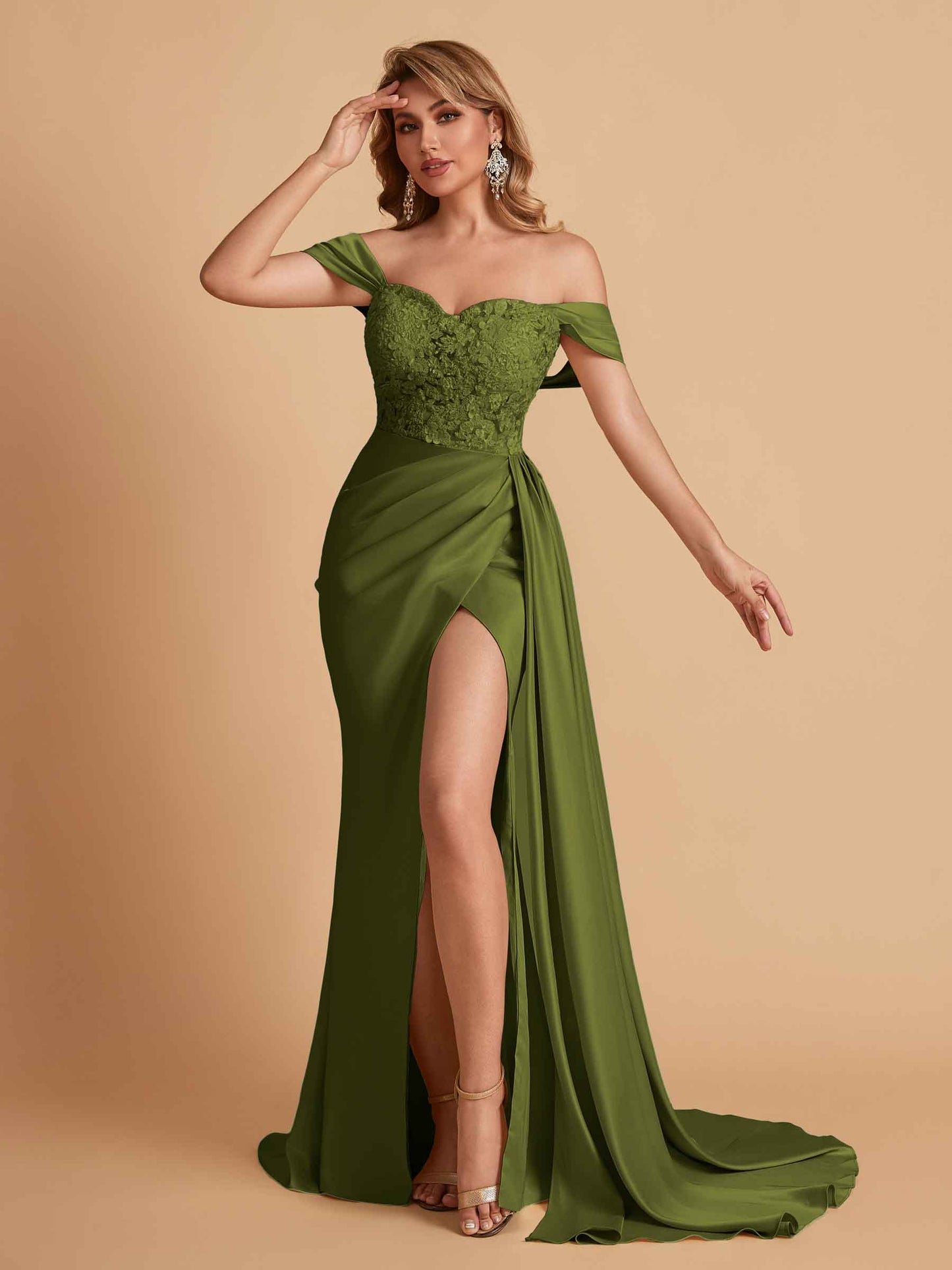 Sexy Satin Mermaid Off Shoulder Lace Side Slit Long Bridesmaid Dresses Online