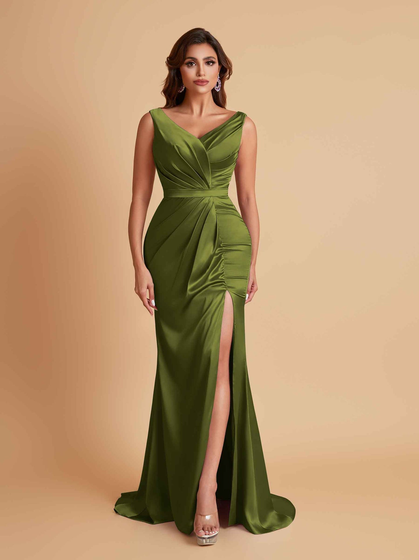Elegant V Neck Soft Satin Side Slit Floor-Length Mermaid Bridesmaid Dresses