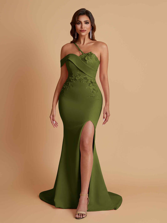 Sexy Soft Satin Mermaid One Shoulder Asymmetrical Side Slit Floor-Length Bridesmaid Dresses