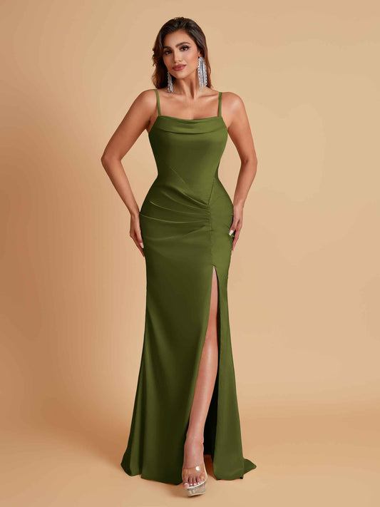 Gorgeous Spaghetti Straps Soft Satin Side Slit Floor-Length Mermaid Bridesmaid Dresses