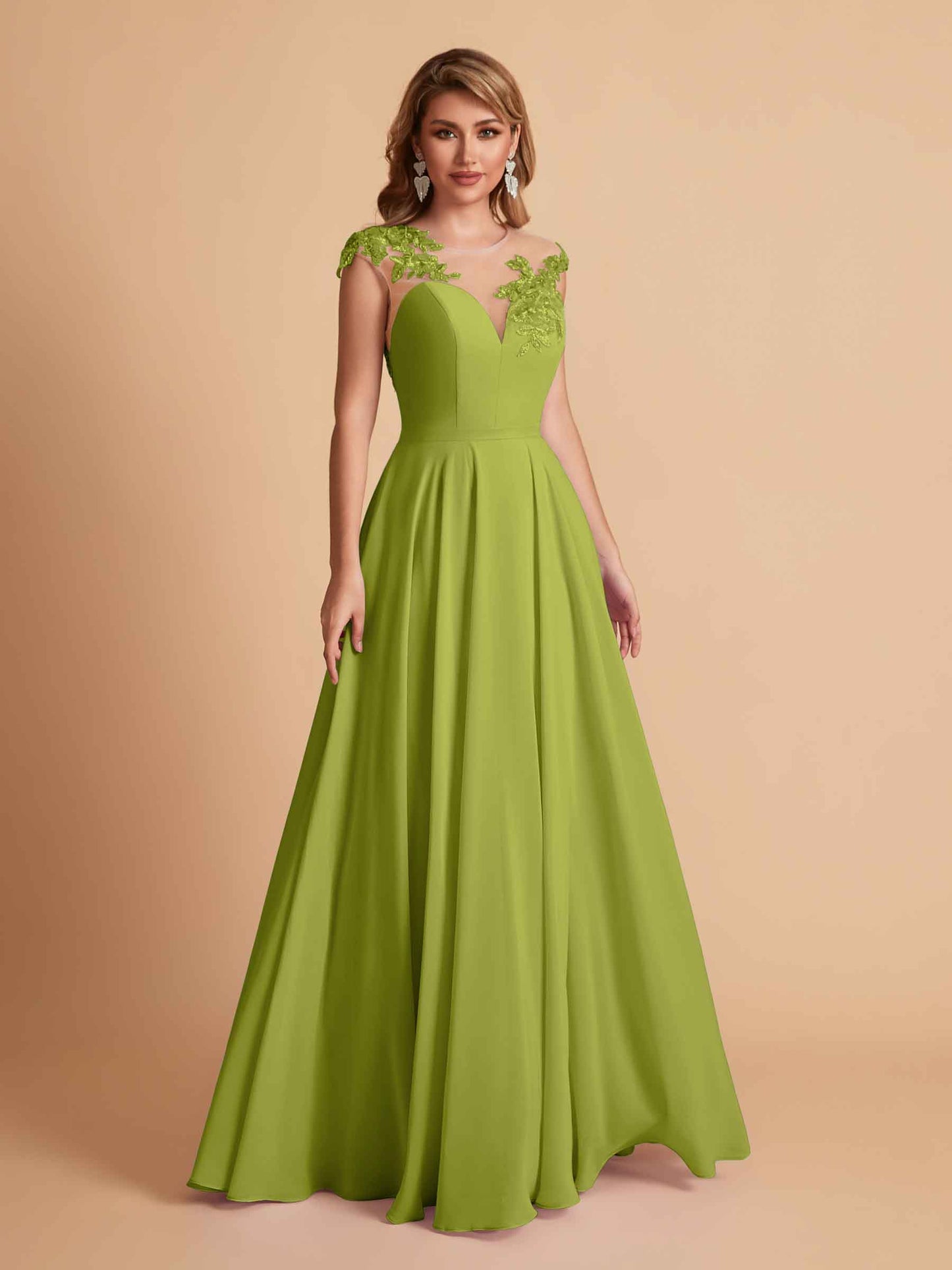 Chiffon Illusion Lace Top A-line Bridesmaid Dresses V-neck Floor Length Wedding Guest Dresses