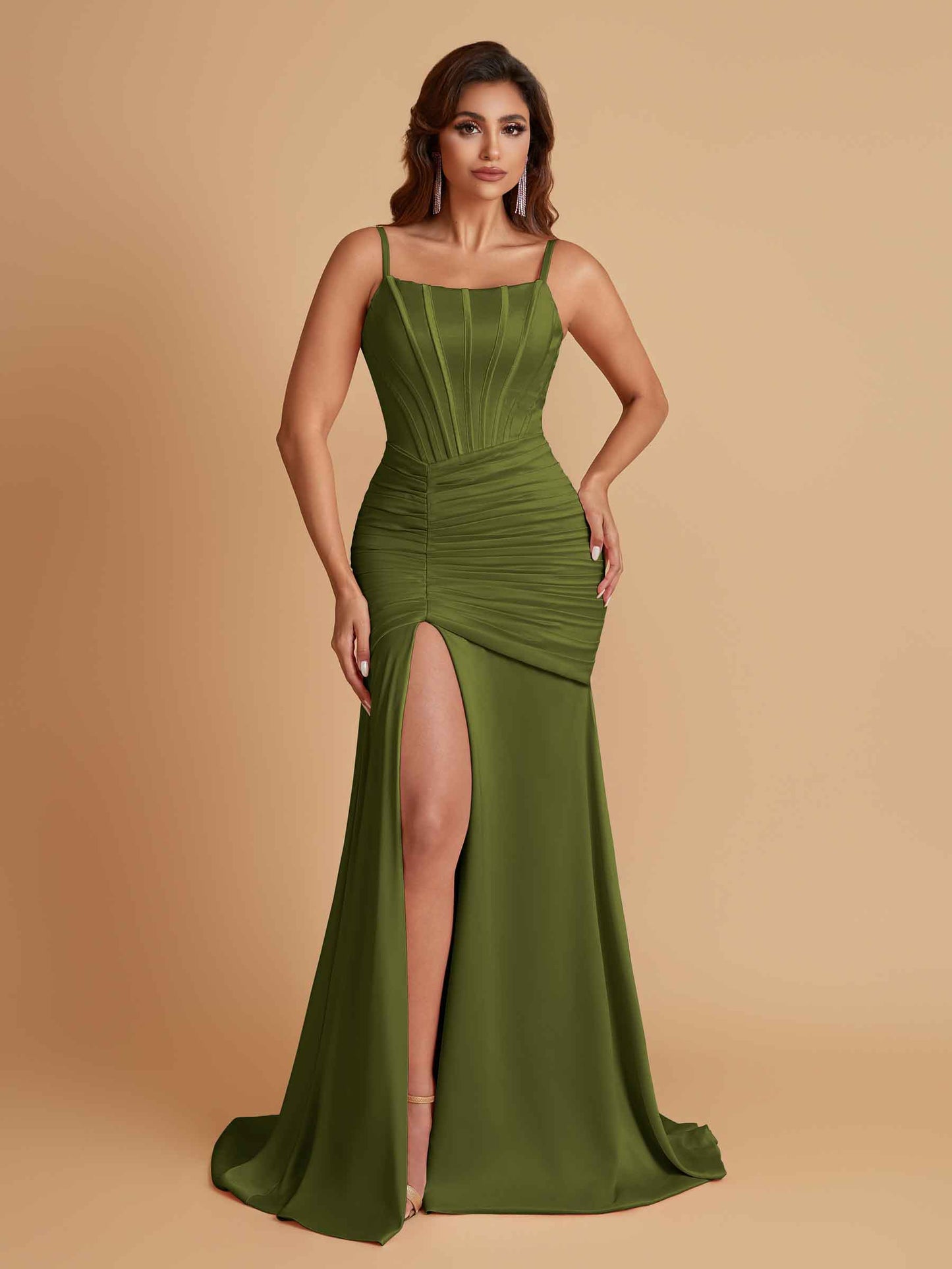 Sexy Soft Satin Mermaid Spaghetti Straps Side Slit Floor-Length Bridesmaid Dresses