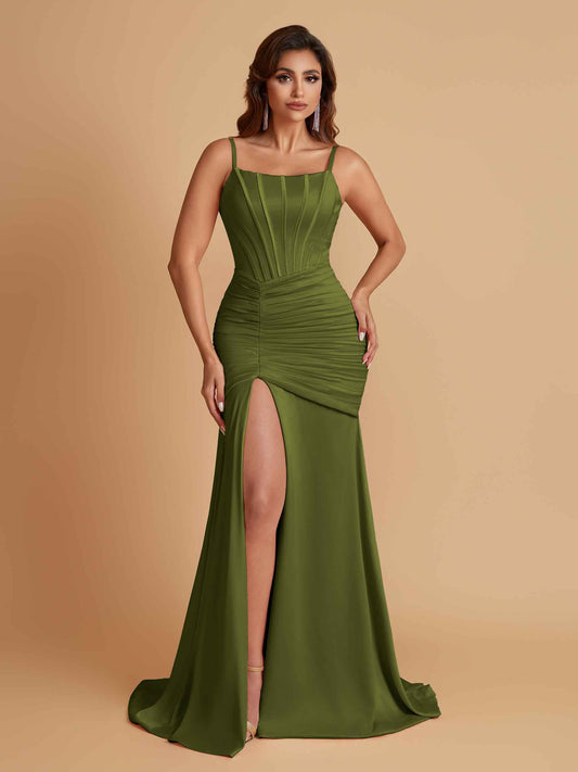 Sexy Soft Satin Mermaid Spaghetti Straps Side Slit Floor-Length Bridesmaid Dresses