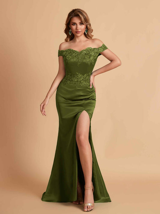 Elegant Satin Off Shoulder Mermaid Side Slit Floor Length Bridesmaid Dresses