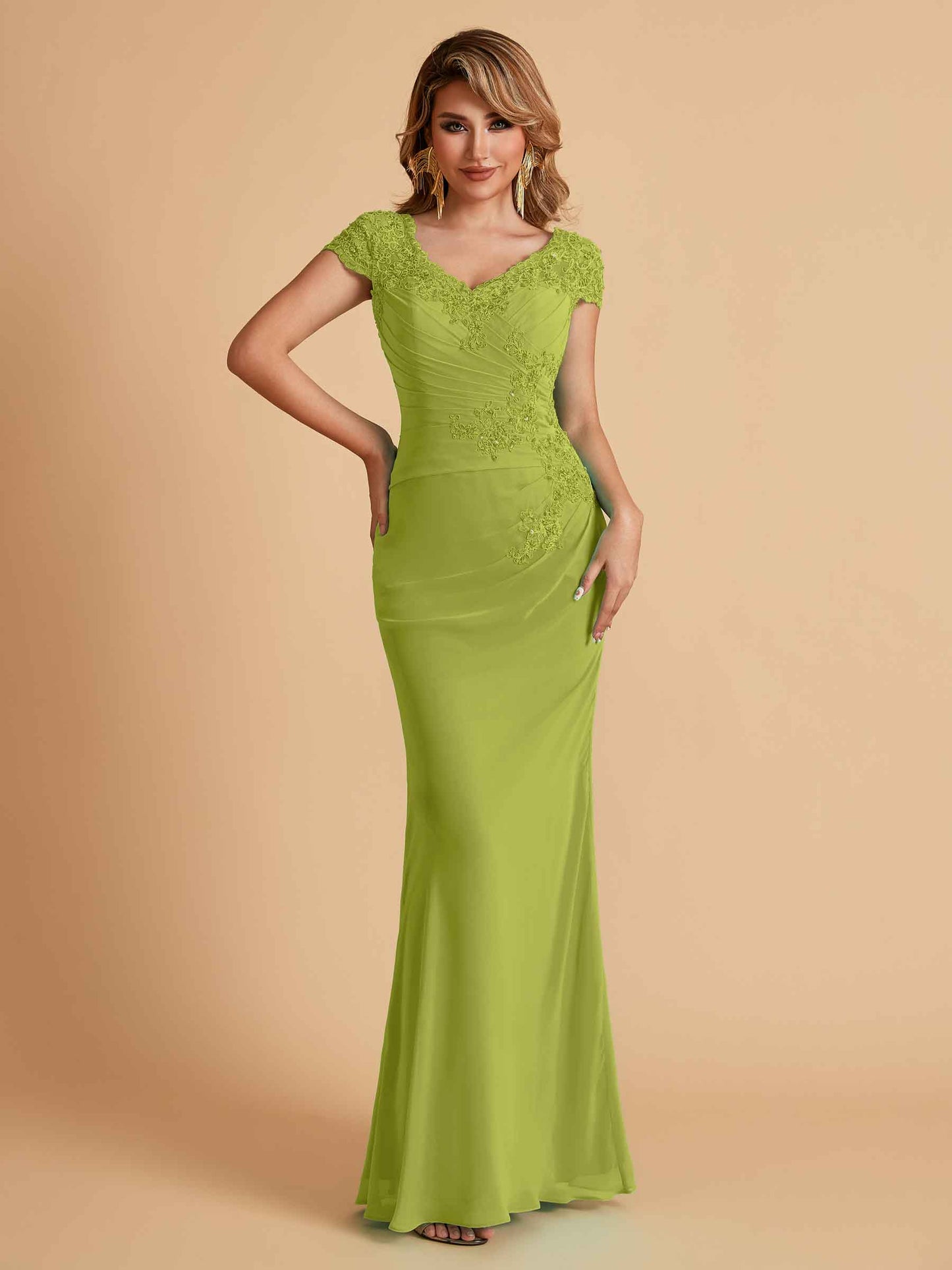 Elegant Mermaid Chiffon Cap Sleeves V-Neck Mother of the Brides Dresses Online