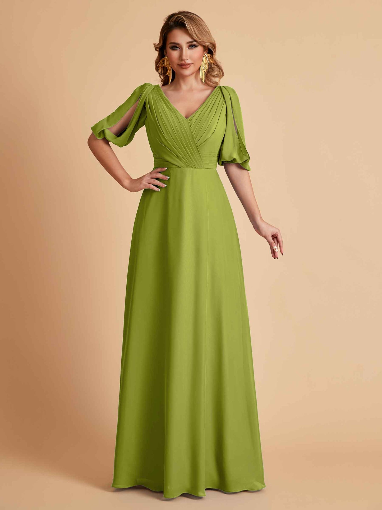 Elegant A-Line Chiffon Half Sleeves V-Neck Mother of the Brides Dresses Online