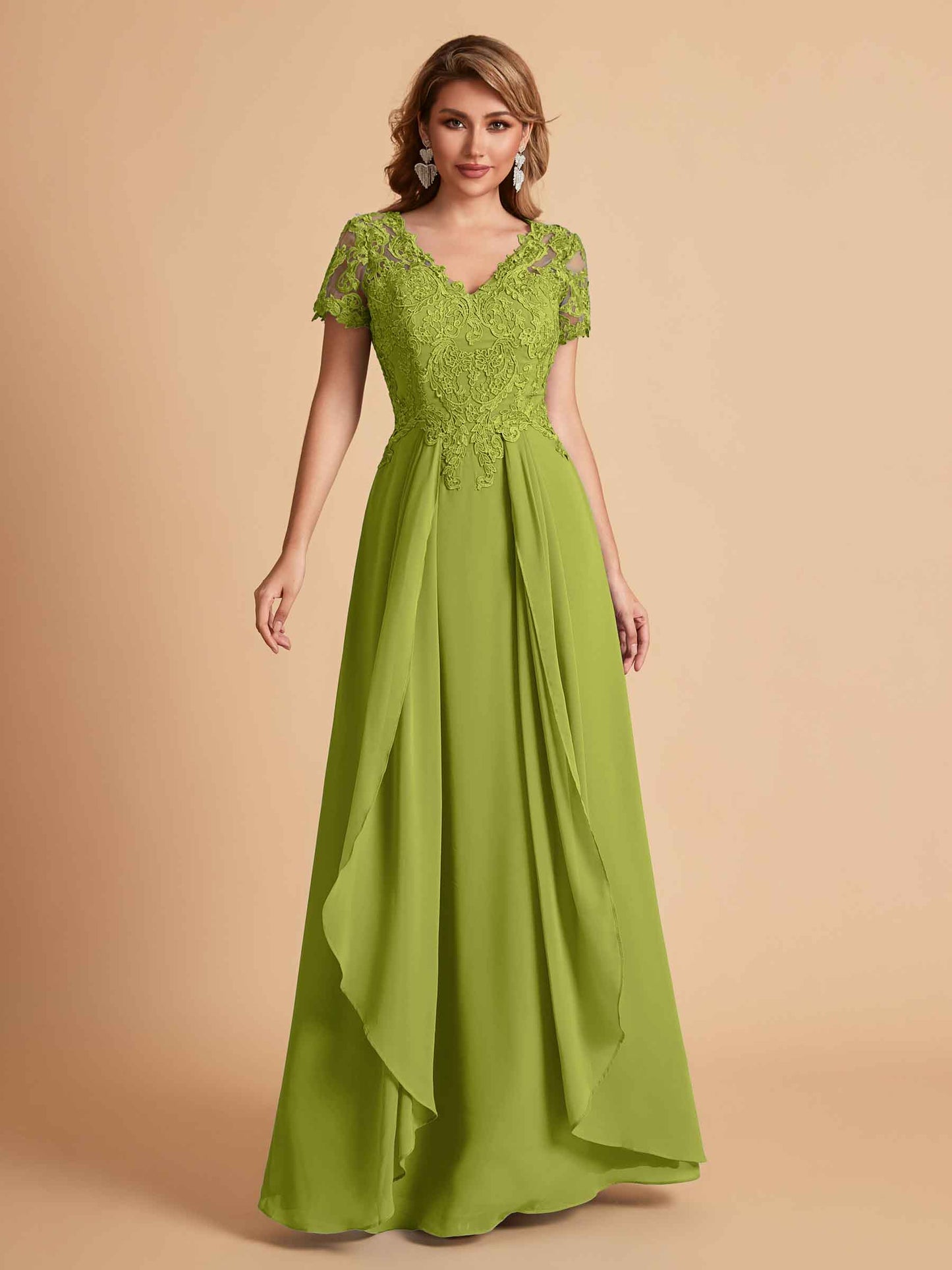 Elegant A-Line Chiffon Short Sleeves V-neck Mother of the Brides Dresses Lace Top MOB Dresses