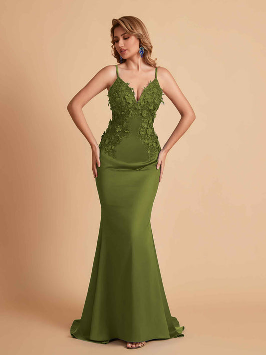 Sexy Satin Spaghetti Straps V-neck Mermaid Floor Length Applique Bridesmaid Dresses