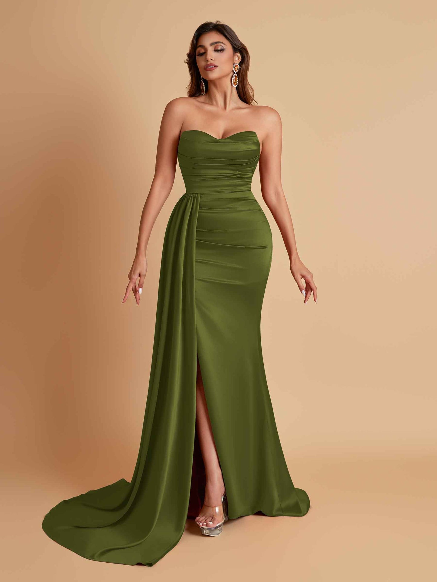 Elegant Soft Satin Sweetheart Strapless Side-Slit Mermaid Bridesmaid Dresses