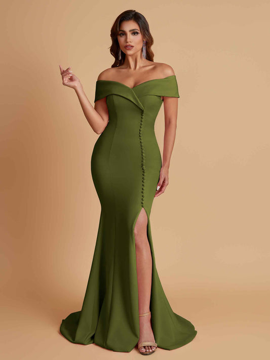 Elegant Soft Satin Mermaid Off Shoulder Side Slit Floor-Length Bridesmaid Dresses
