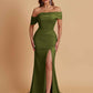 Elegant Soft Satin Mermaid Off Shoulder Asymmetrical Side Slit Floor-Length Bridesmaid Dresses