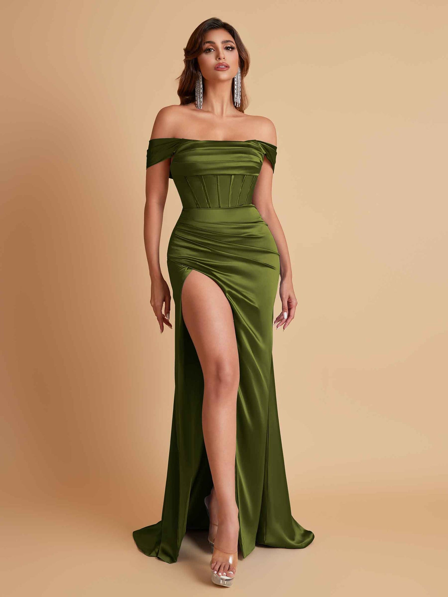 Sexy Off the Shoulder Soft Satin Side Slit Floor-Length Mermaid Bridesmaid Dresses