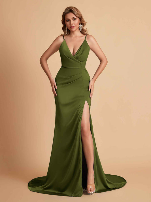 Elegant Satin Spaghetti Straps V-Neck Mermaid Side Slit Floor Length Bridesmaid Dresses