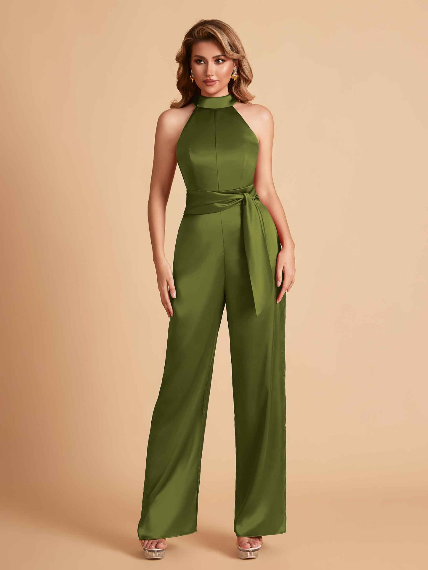 Elegant Satin Halter Sleeveless Satin Floor Length Bridesmaid Jumpsuit