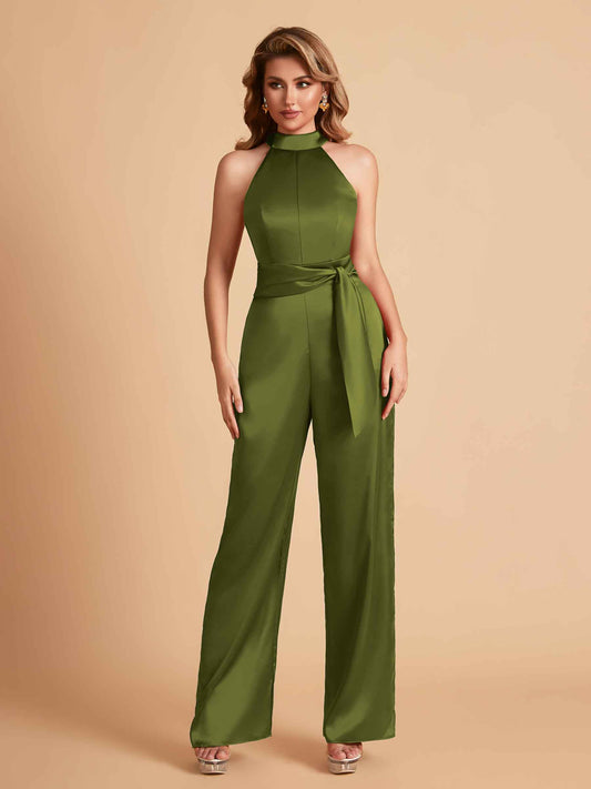 Elegant Satin Halter Sleeveless Satin Floor Length Bridesmaid Jumpsuit