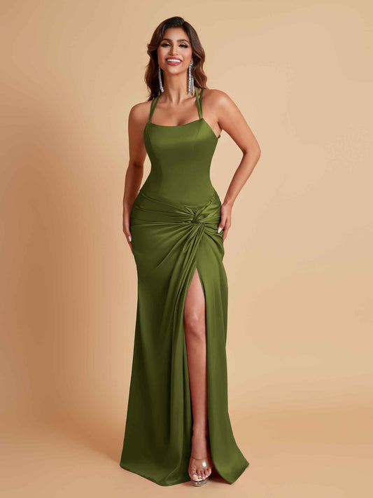 Gorgeous Square Criss Cross Soft Satin Side Slit Floor-Length Mermaid Bridesmaid Dresses
