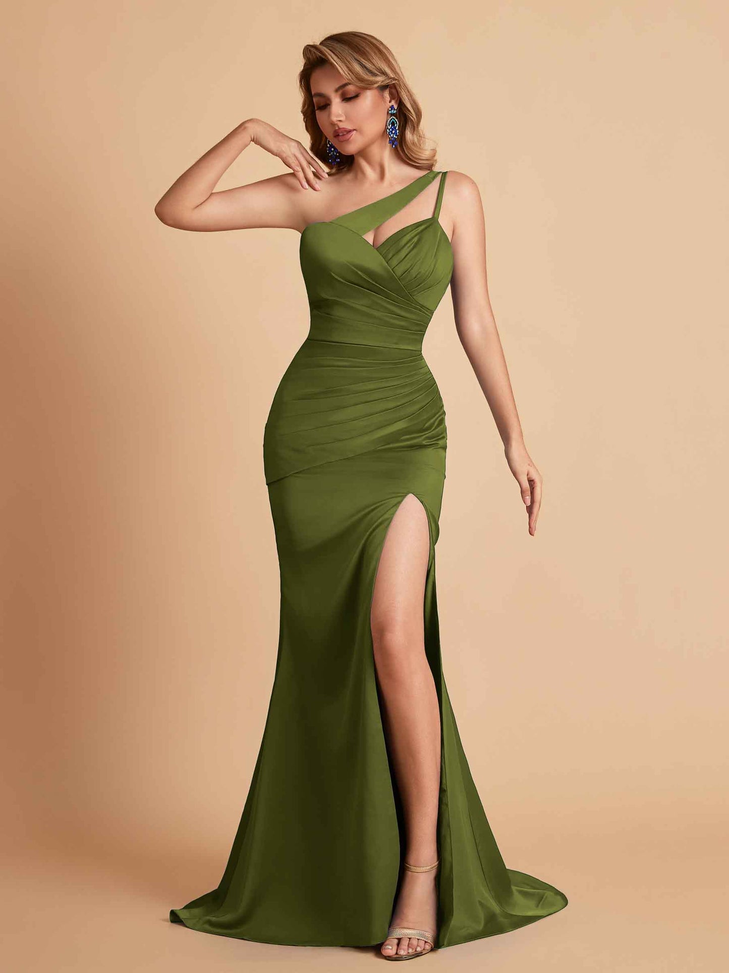 Elegant Satin One Shoulder Mermaid Side Slit Floor Length Bridesmaid Dresses
