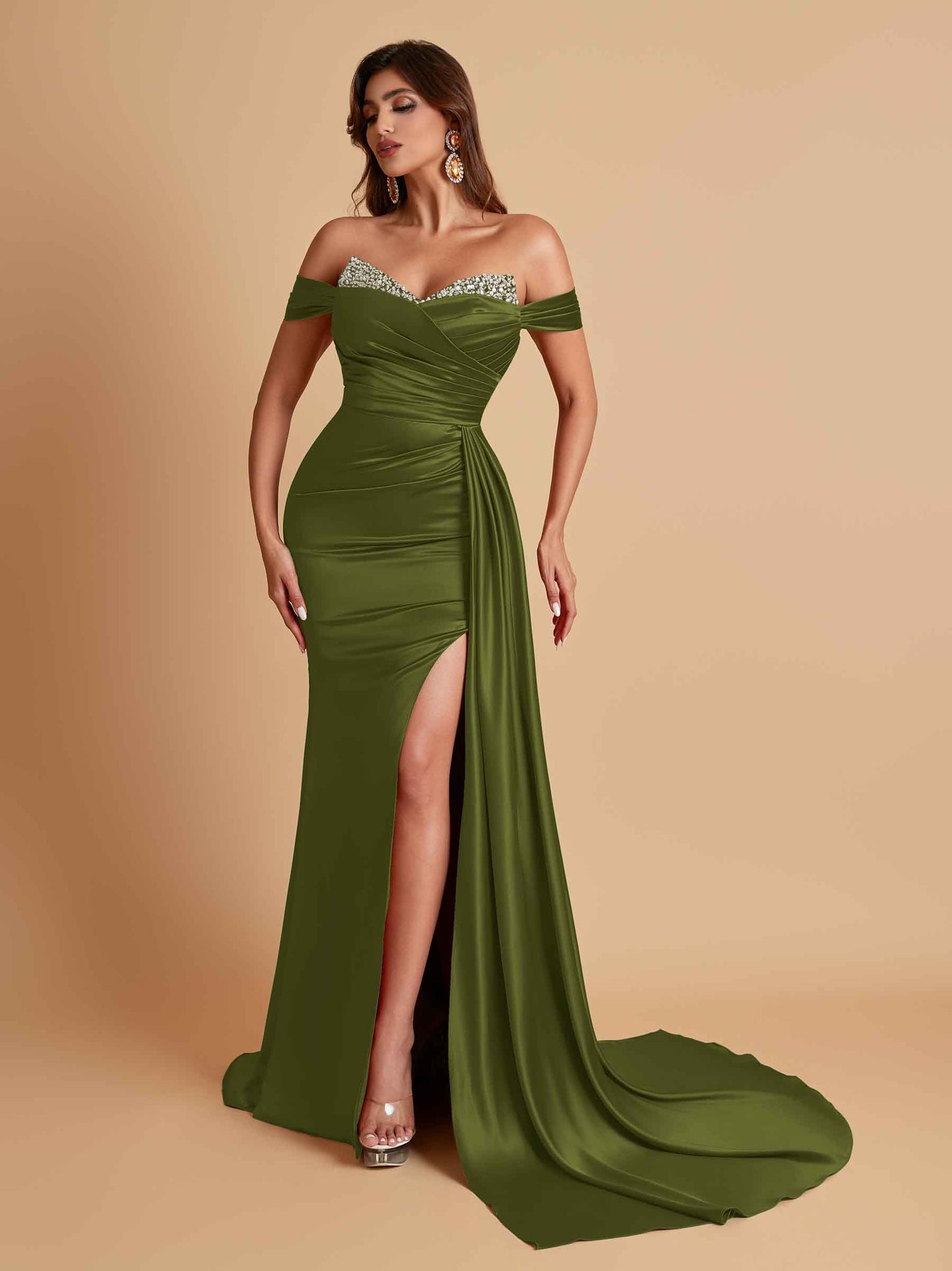 Gorgeous Soft Satin V-neck Off-the-Shoulder Side-Slit Mermaid Bridesmaid Dresses
