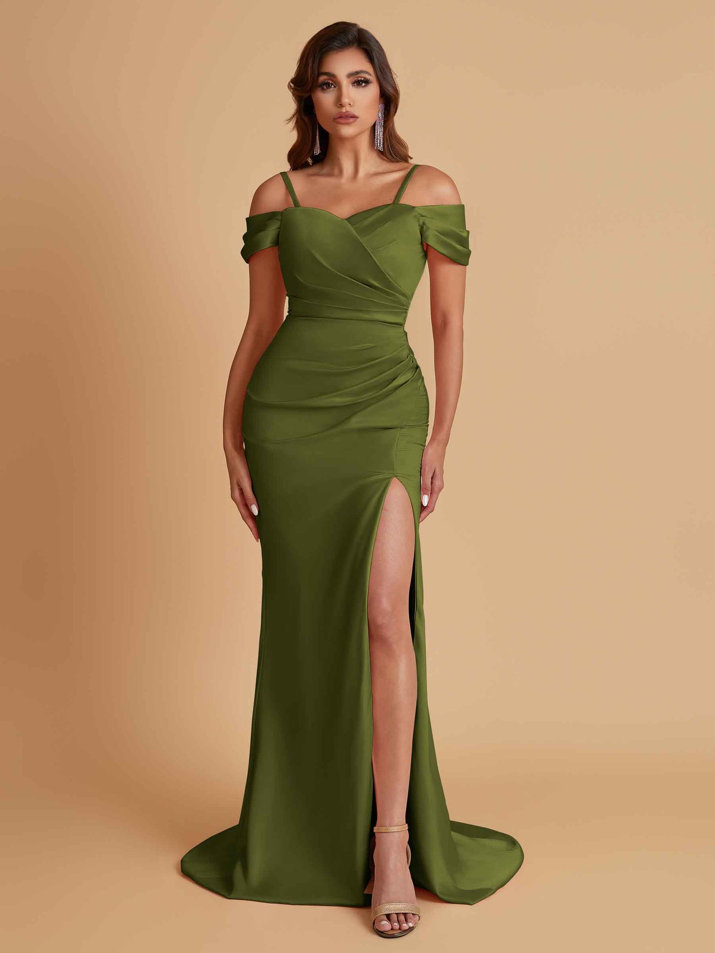 Sexy Soft Satin Mermaid Cold Shoulder Side Slit Floor-Length Bridesmaid Dresses Online