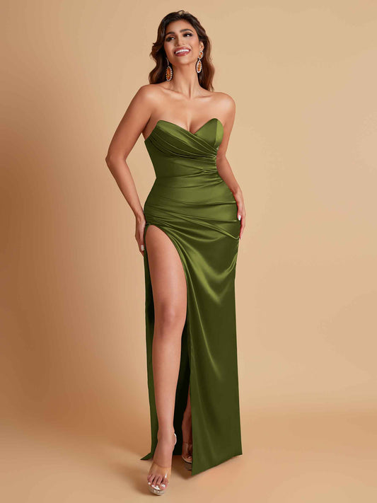 Soft Satin Elegant V-neck Strapless Split Side Mermaid Bridesmaid Dresses