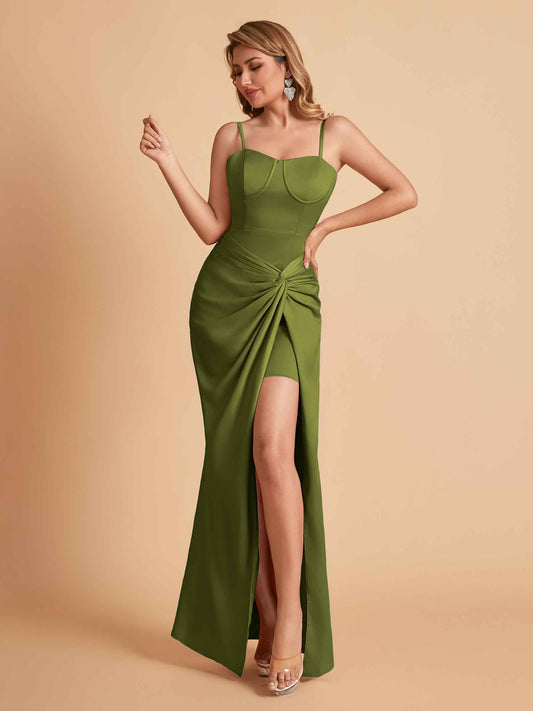 Sexy Satin Spaghetti Straps Mermaid Side Slit Floor Length Pleats Bridesmaid Dresses