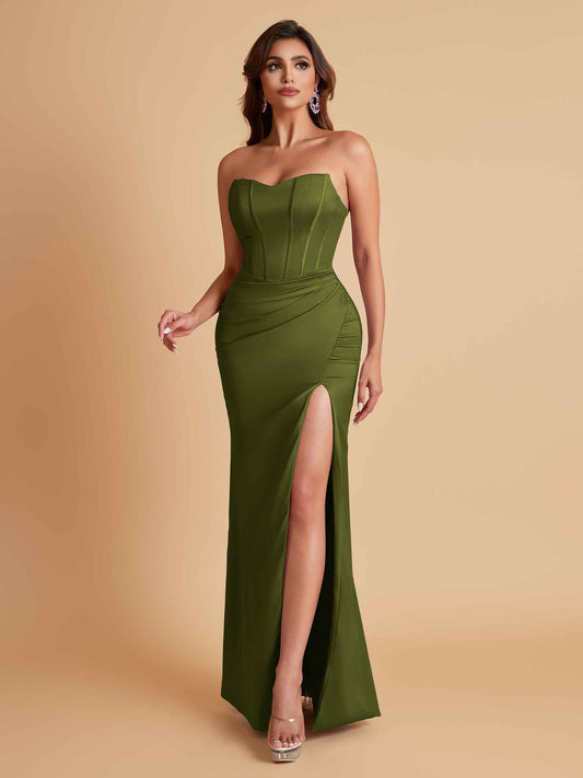 Sexy Strapless Soft Satin Side Slit Floor-Length Mermaid Bridesmaid Dresses