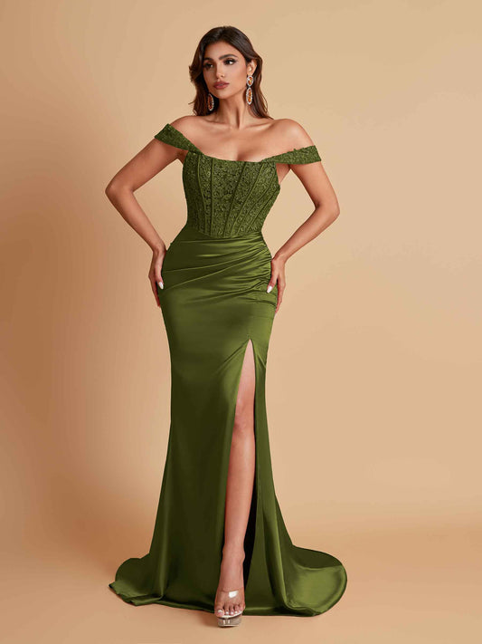 Sexy Soft Satin V-neck Off-the-shoulder Strapless Side-Slit Mermaid Bridesmaid Dresses