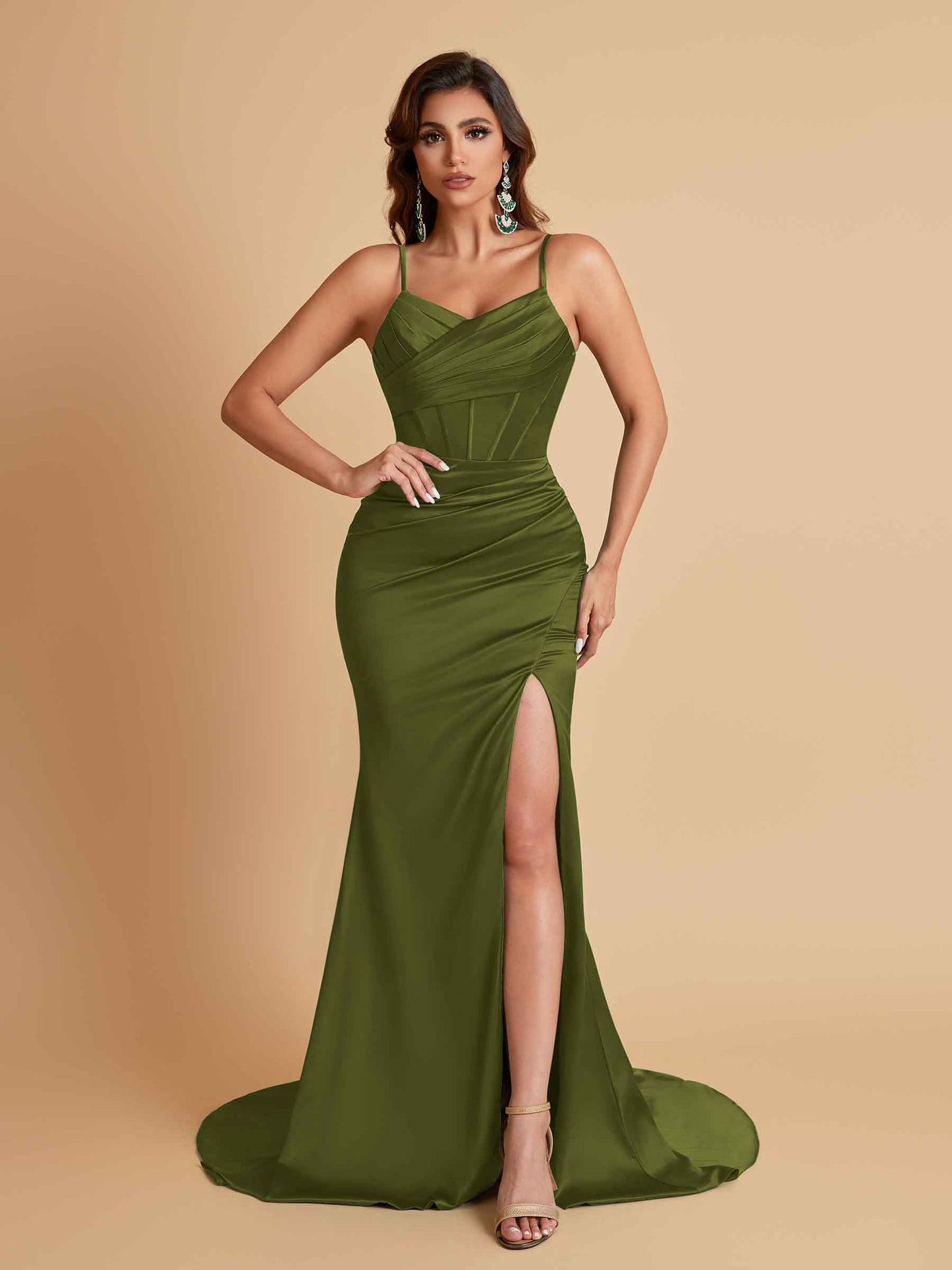 Sexy Spaghetti Straps V Neck Soft Satin Side Slit Floor-Length Mermaid Bridesmaid Dresses