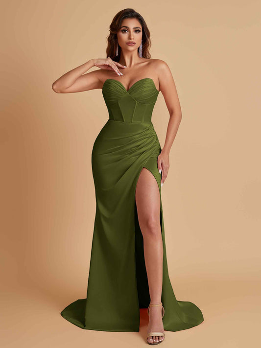 Elegant Soft Satin Mermaid V-neck Side Slit Floor-Length Bridesmaid Dresses Online