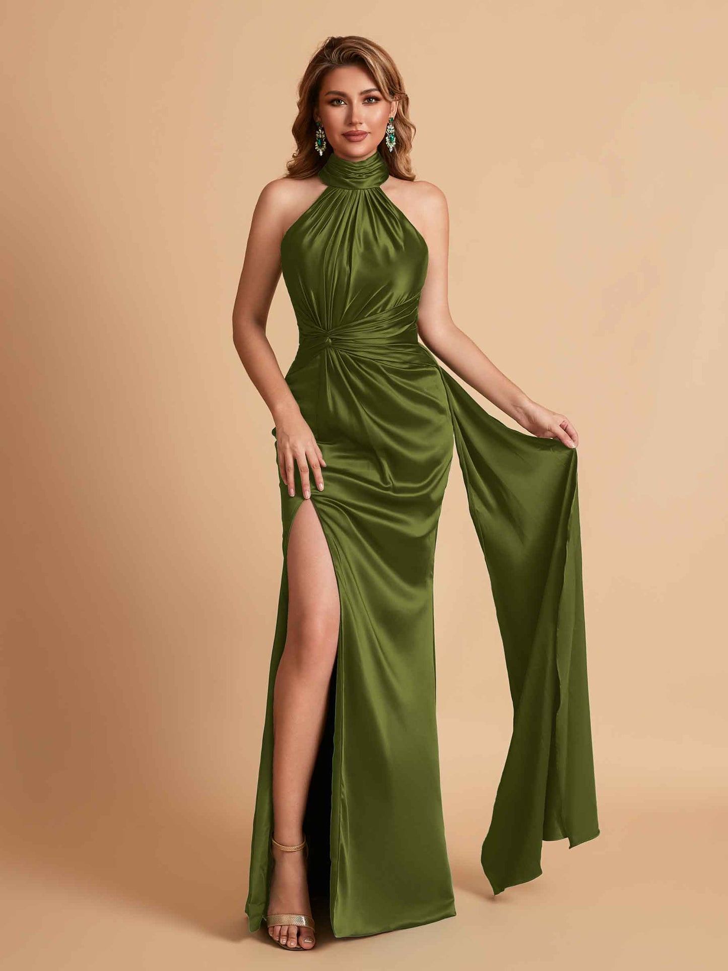 Elegant Satin Halter Mermaid Side Slit Floor Length Bridesmaid Dresses