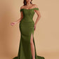 Elegant Soft Satin Mermaid Off Shoulder Side Slit Floor-Length Mermaid Bridesmaid Dresses
