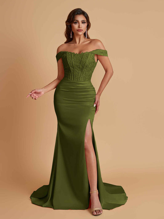 Elegant Soft Satin Mermaid Off Shoulder Side Slit Floor-Length Mermaid Bridesmaid Dresses