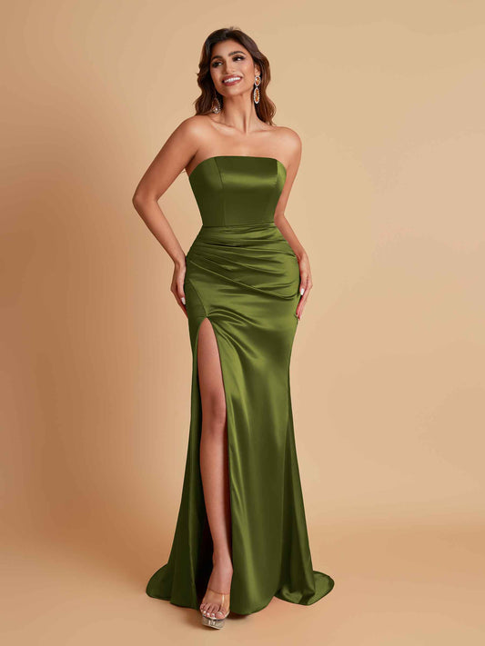 Elegant Soft Satin Strapless Split Side Mermaid Bridesmaid Dresses