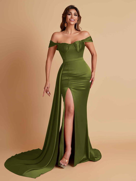 Sexy Soft Satin Sweetheart Off-the-shoulder Strapless Side-Slit Mermaid Bridesmaid Dresses