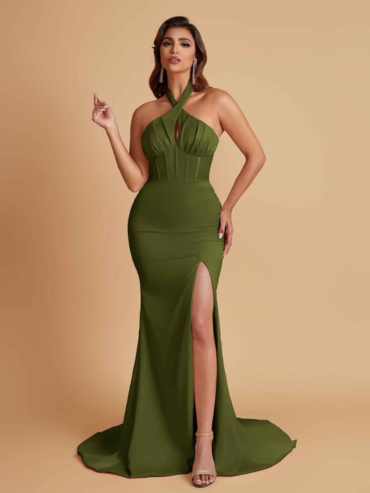 Elegant Soft Satin Mermaid Halter Side Slit Floor-Length Bridesmaid Dresses Online