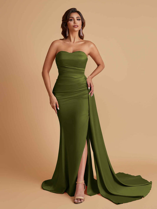 Simple Soft Satin Mermaid Strapless Floor-Length Mermaid Bridesmaid Dresses